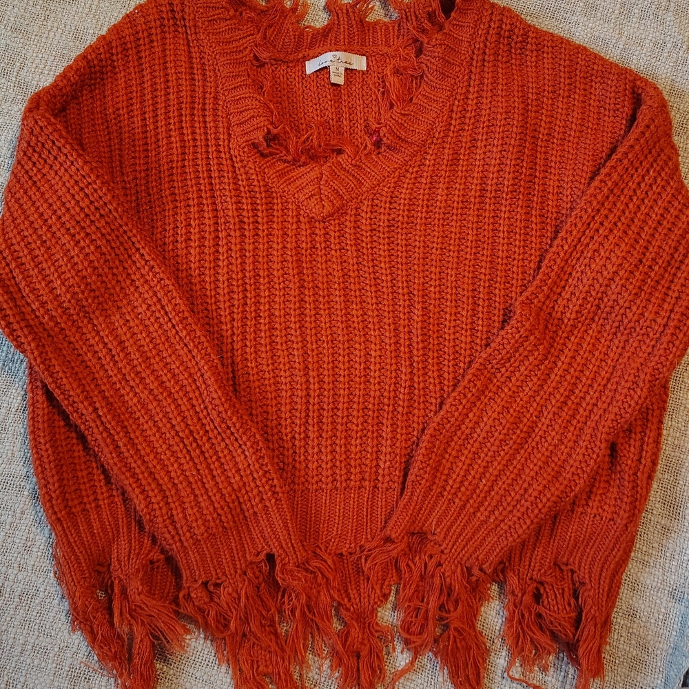 Fringed V-Neck Sweater - Orange
